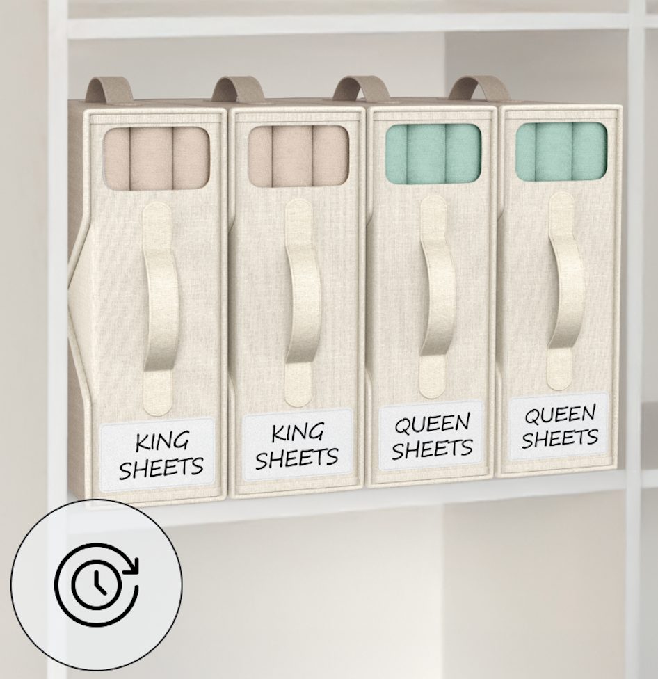 Four beige bed sheet organizers lined up on a closet shelf with King and Queen labels