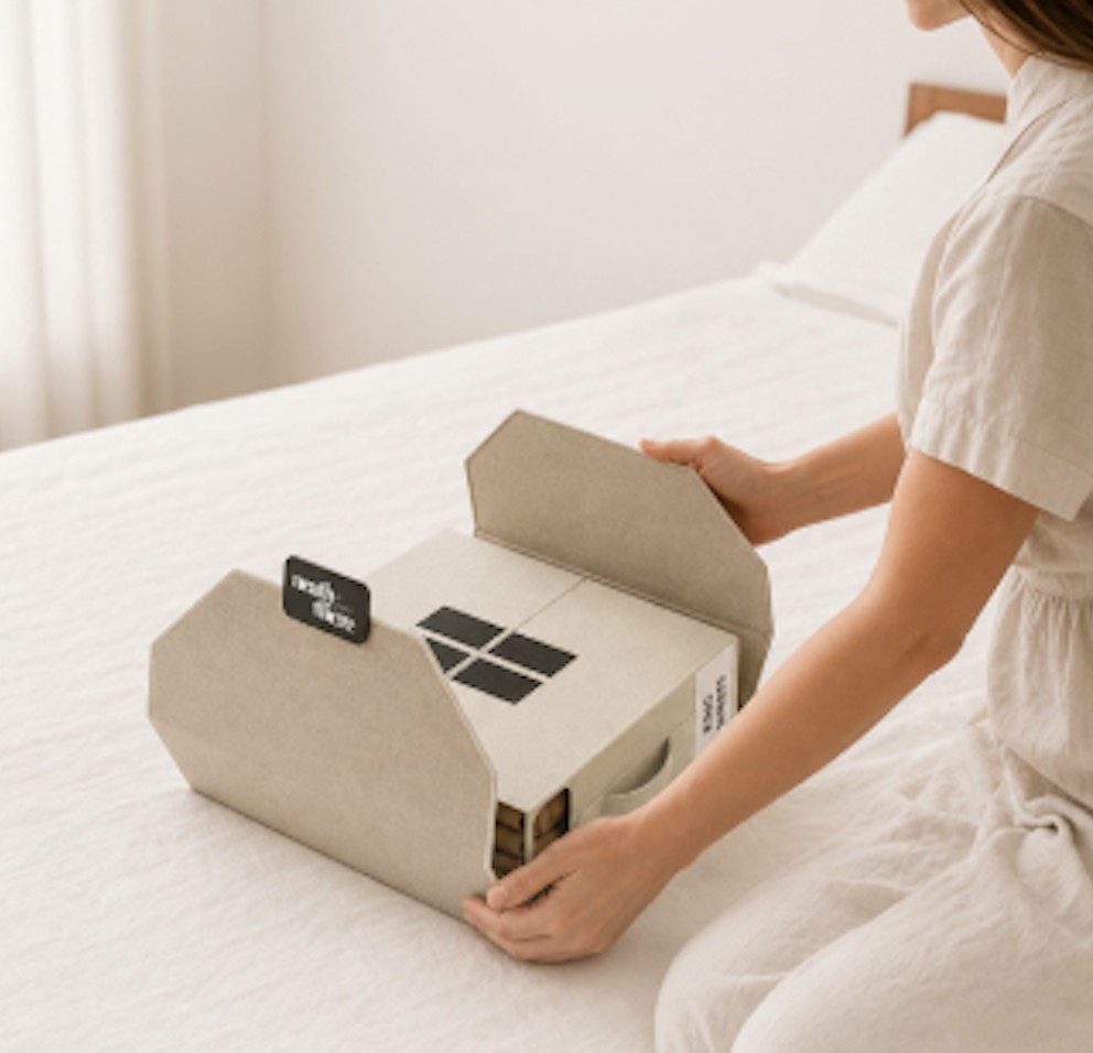 Closing a beige NeatlyThere bed sheet organizer, keeping a full sheet set together