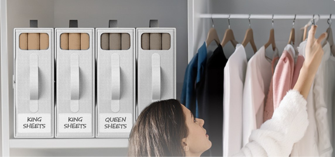 Narrow shelf organized with folded sheet sets