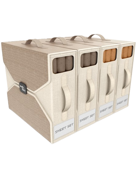 NeatlyThere beige 4-pack bed sheet organizers with Sheet Set labels