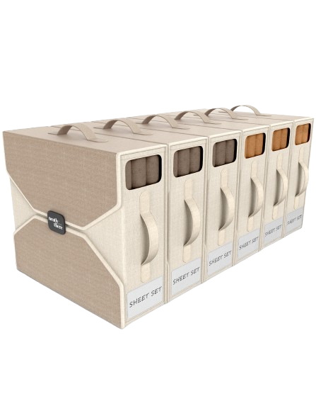 NeatlyThere beige 6-pack bed sheet organizers with Sheet Set labels